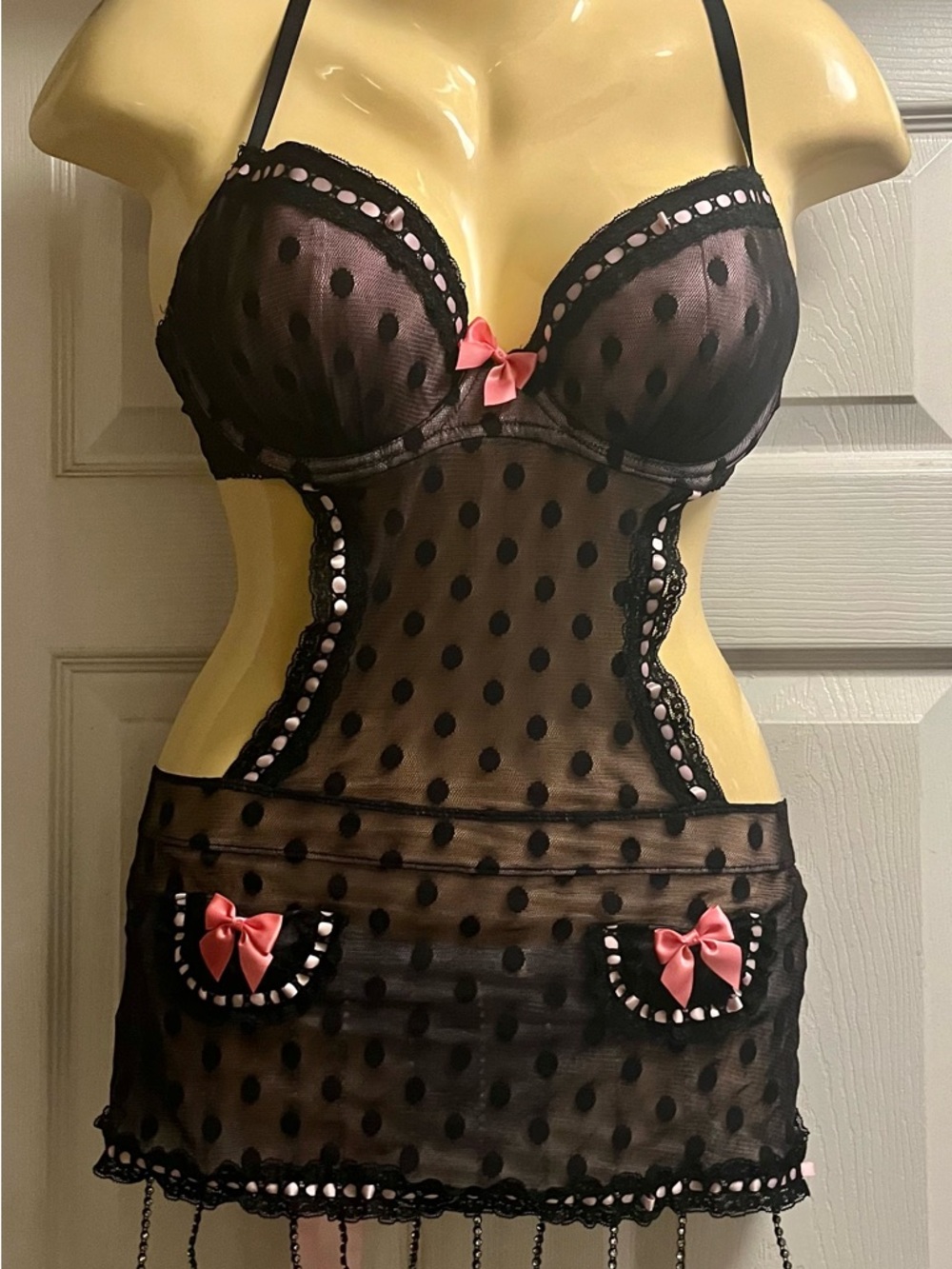 Victoria's Secret French Maid Black Sheer Chemise 36D Body Rage jewel panties M